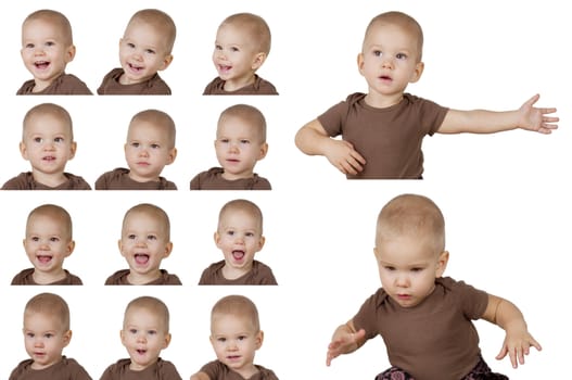 Set of fourteen images of the child on a white background