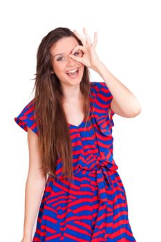 young beautiful women making hole gestures on face on white background