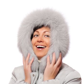 Portrait of smiling woman in fluffy hood