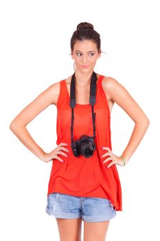 young female photograper isolated on white background