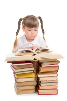 Little girl with books isolated