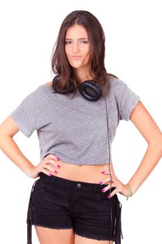 Young women portrait, with headphones on white background