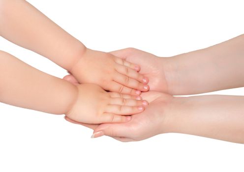 Woman hold hands of little child isolated