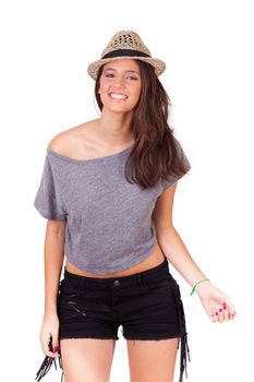 young women smiling with a hat on white background