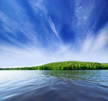 Shore of forest lake under blue sky