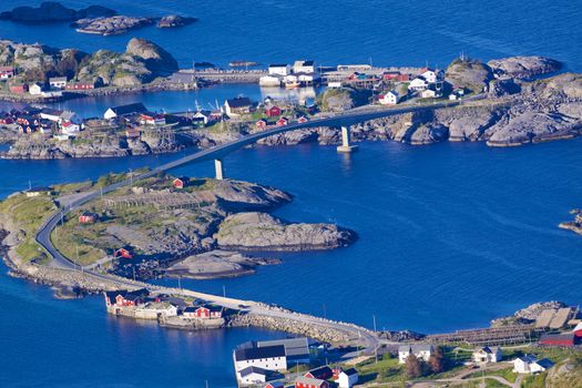 Concrete bridge connecting picturesque small islands on Lofoten in Norway