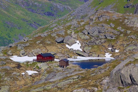 Scenic norwegian mountain hut on Lofoten islands