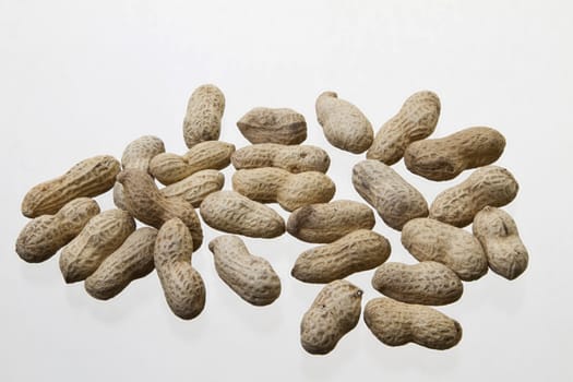 Many peanuts on white background