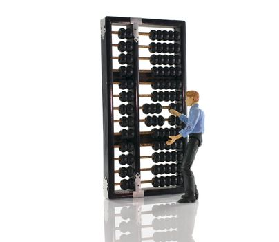 teacher puppet with old wooden asia abacus on white background
