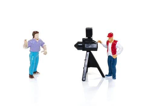 camera man making photo isolated on white