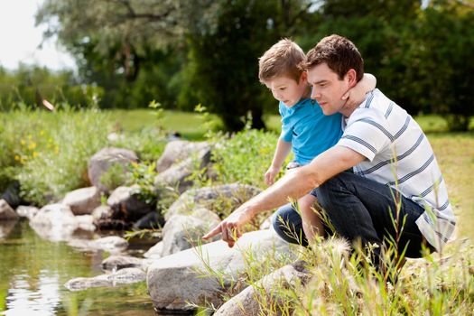 Father and son playing near park lake, looking for animals in the water