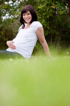 Portrait of a happy pregnant woman in park with large copy space in grass