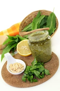 Wild garlic pesto with fresh wild garlic and pine nuts