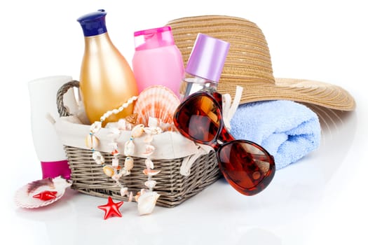 women's accessories for outdoor relaxation. beach items isolated on white background, summertime vacation and travel