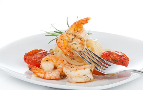 Shrimp Linguine with Pasta. Focus on shrimp.