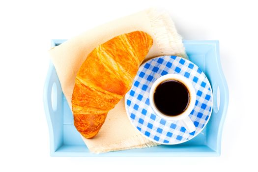 breakfast with cup of black coffee and croissants