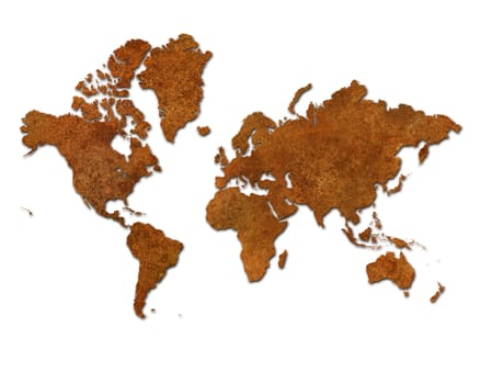 Global map with rusty metal continents on a white background