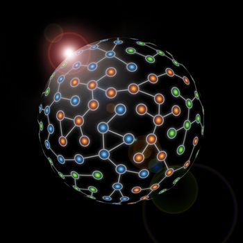 Sphere network of interconnected color nodes against black