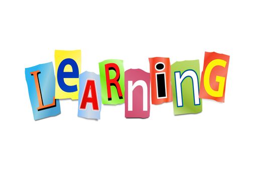 Illustration depicting cut out letters arranged to form the word learning.