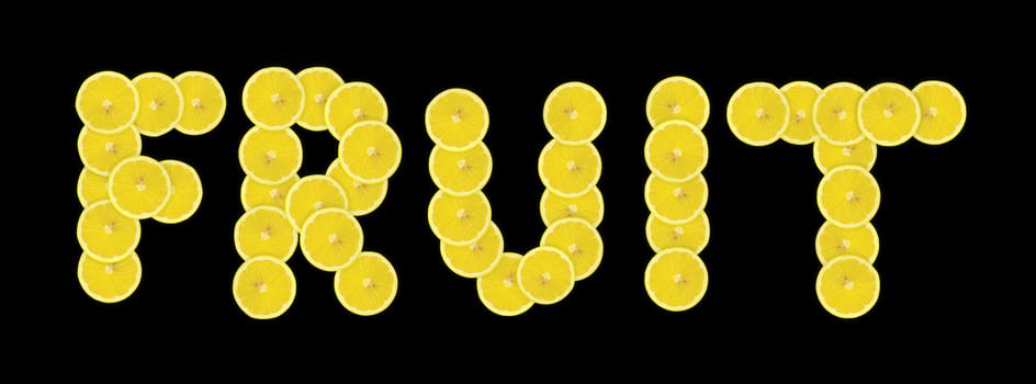 Fruit word made by slice of lemon isolated on black
