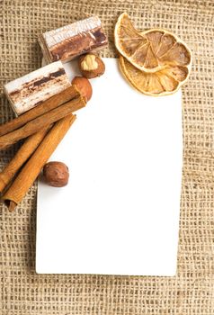 Menu Design.Old paper, coffee bean, cinnamon, lemon, burlap.
