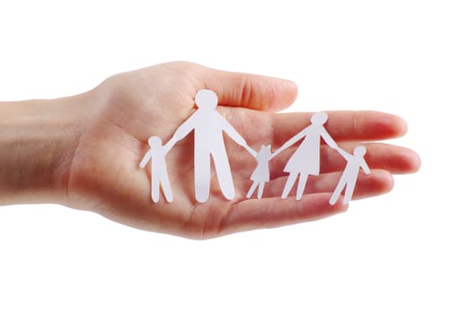 Paper family in hands isolated on white background