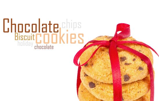 Chocolate chips cookies with red ribbon isolated on white
