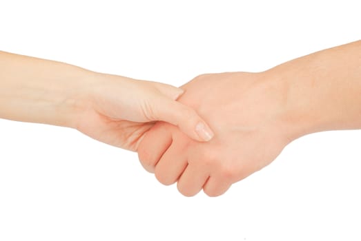 Shaking hands of two people, man and woman, isolated on white.