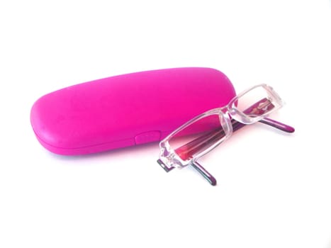 Glasses over white background with a case for the glasses