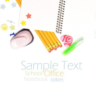Photo of office and student gear over white background - Back to school concept