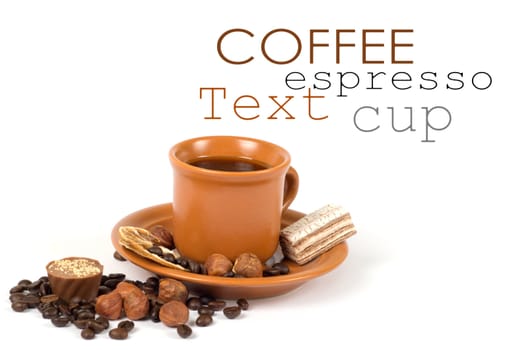 Cup of coffee with ingredients on a white background