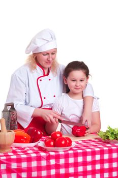 Mother and daughter cooking dinner, white backgroung