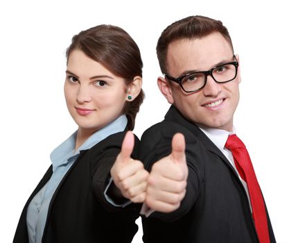 Successful business couple with thumbs up isolated against a white background.