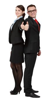 Successful business couple with thumbs up isolated against a white background.