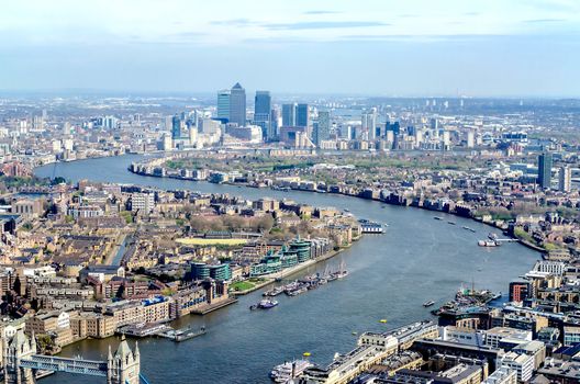 Panoramic View of London, over the river Thames towards Canary Wharf and Eastern London