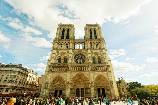 Notre-Dame, Paris, France, on September 30, 2012. Was under construction from 1163 to 1345. Cathedral height � 35 m, length � 130 m, width � 48 m, height of belltowers � 69 m