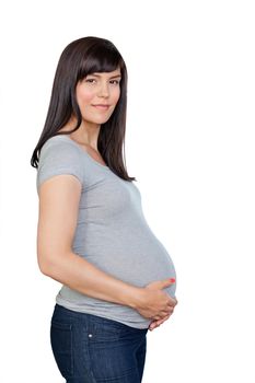 Portrait of pregnant woman with hands on stomach isolated over white background