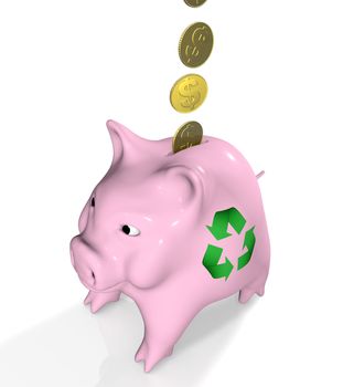 a row of golden coins from above are going into a pink piggy bank with a recycling symbol stamped on its side, on a white background