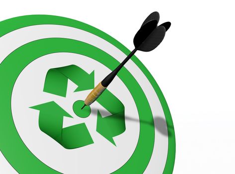 a closeup of a target with a green recycle symbol in the center and a perfect shot of a dart in the middle of it