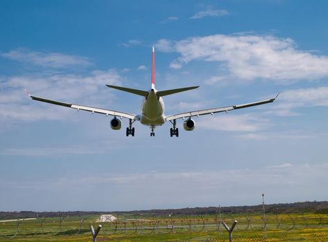 detail of landing airplane - back view