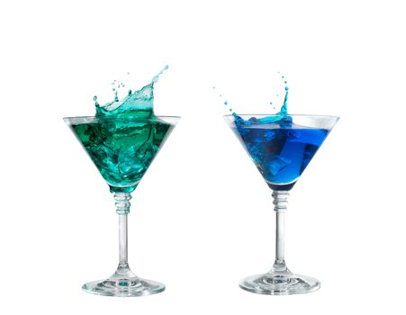 blue and green cocktail with splashes isolated on white