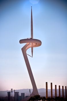 Beautiful photograph of The Montjuïc Communications Tower also known as Torre Calatrava and Torre Telefónica. It is a telecommunication tower in the Montjuïc, Barcelona, Catalonia, Spain.