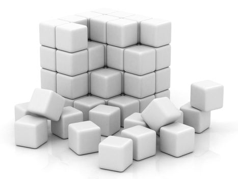 cube white assembling from blocks on a white background