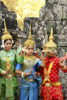 Apsara dancers performing at Bayon temple, Angkor area, Siem Reap, Cambodia