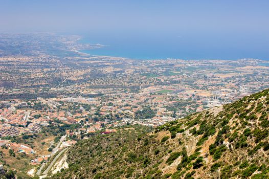 Panoramic view from hill on cyprus land and coast