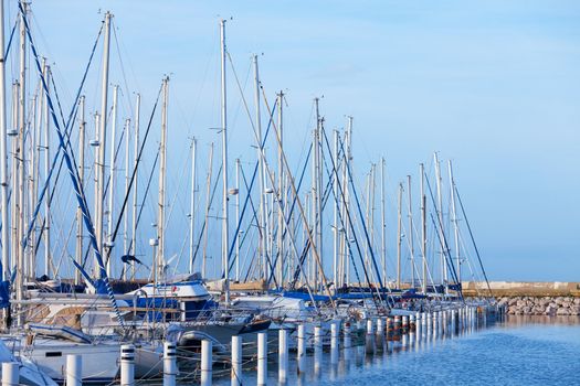 Rows of small luxury pleasure yachts moored in a marina under a sunny blue sky