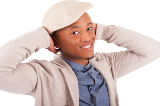 Casual young african man posing on white background