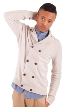 Casual young african man posing on white background