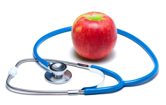 Red apple with stethoscope isolated