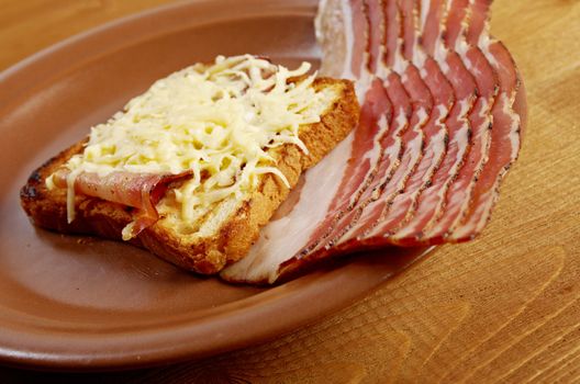 Cheese toast with piece  bacon.Close up of toasted white bread in slices